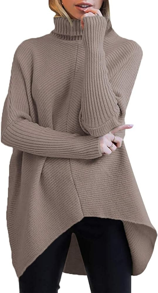 ANRABESS Womens Turtleneck Long Batwing Sleeve Asymmetric Hem Casual Pullover Sweater Knit Tops | Amazon (US)