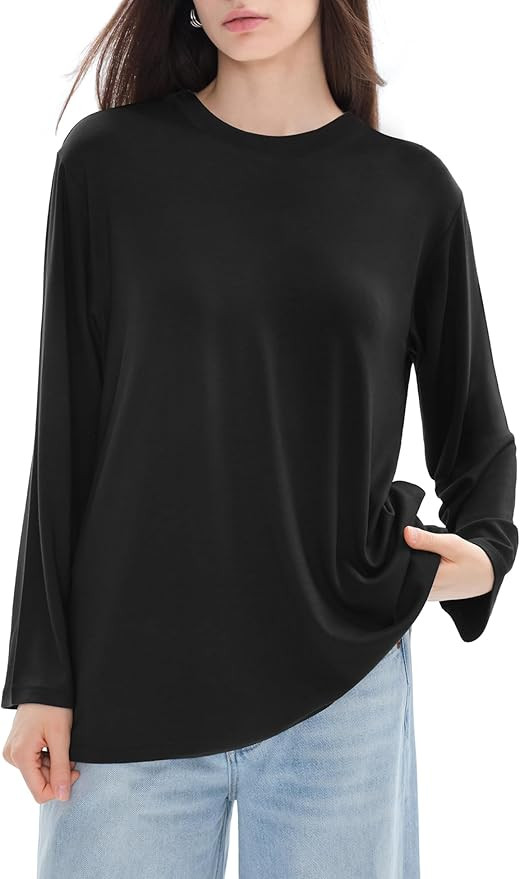 PUMIEY Women's Oversized Long Sleeve T Shirts Crew Neck Loose Fit Tops Casual Basic Tee Mirror Co... | Amazon (US)