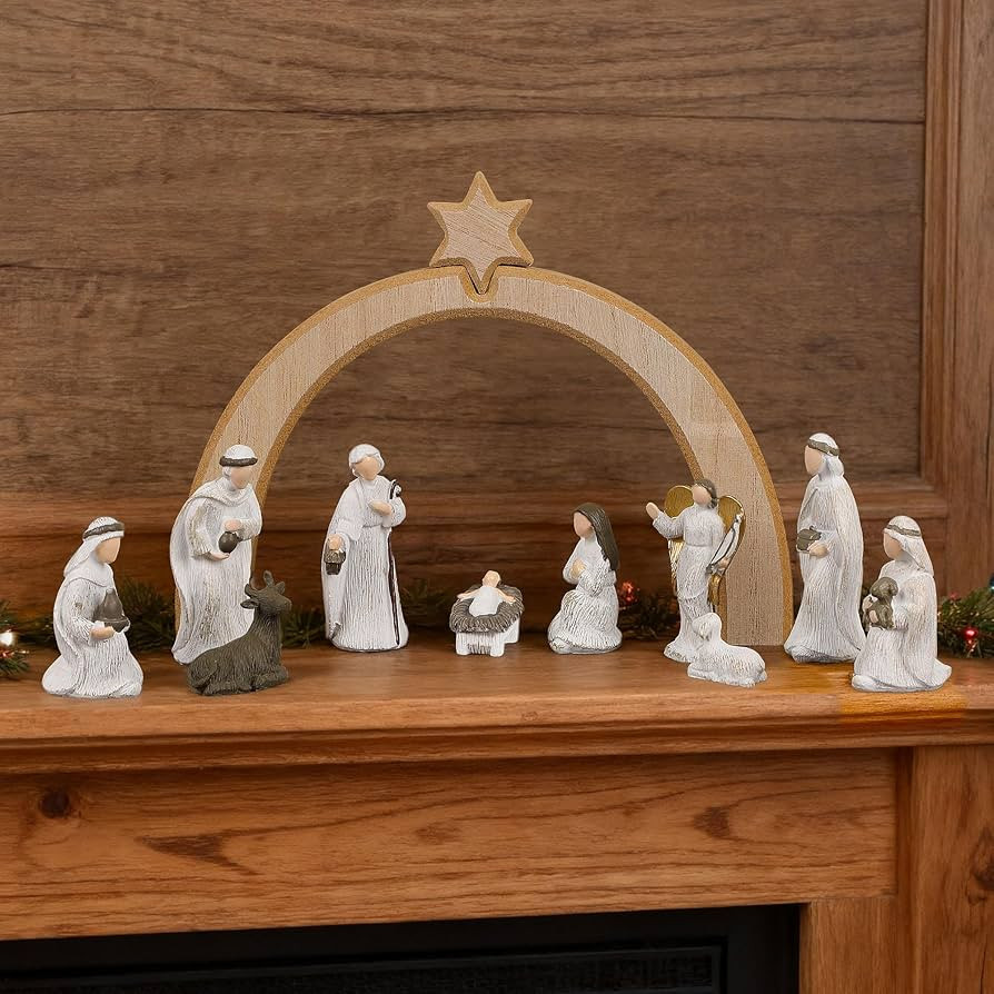 11 Pcs Christmas Scene Nativity Set, Holy Family Scene with Wooden Arched Stable and Resin Figuri... | Amazon (US)