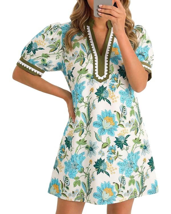 Wenrine Womens Summer Mini Dress Casual Floral Puff Sleeve V Neck Color Block Loose Boho Beach Dr... | Amazon (US)