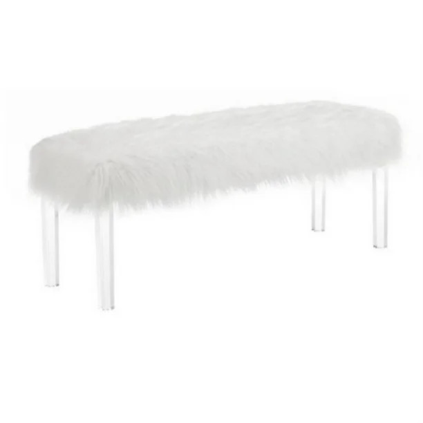 Contemporary Bench with Faux Fur Seat and Acrylic Legs, White and Clear | Walmart (US)