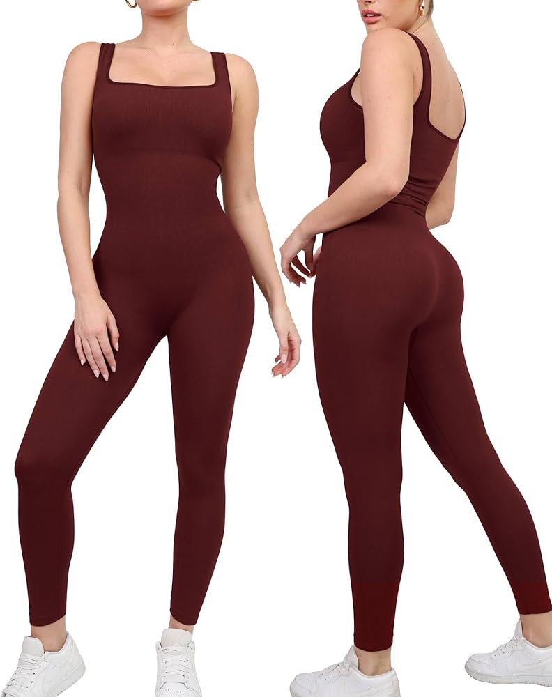 Popilush Jumpsuits for Women Built-In Bra Square Neck Ribbed Bodycon Workout Seamless Leggings Ro... | Amazon (US)