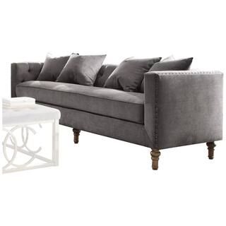 Acme Furniture Sidonia 34 in. W Square Arm Velvet Tuxedo Straight with 4-Pillows Sofa in Gray 535... | The Home Depot