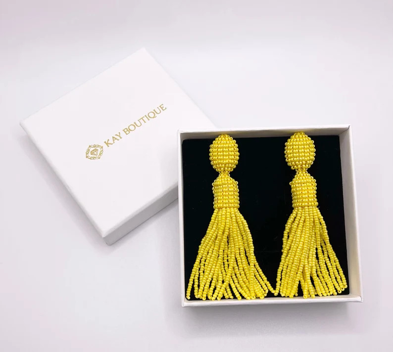 Sunshine Yellow Oscar De La Renta Style Embroidered Clip On Earrings, Bright Yellow Beaded Tassel... | Etsy (Global)