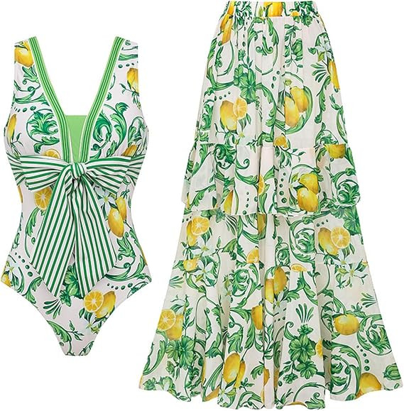 FLAXMAKER Women's One Piece Lemon Pattern V Neck Lace up Bow Tie Swimsuit and Ruffled Layered Ski... | Amazon (US)