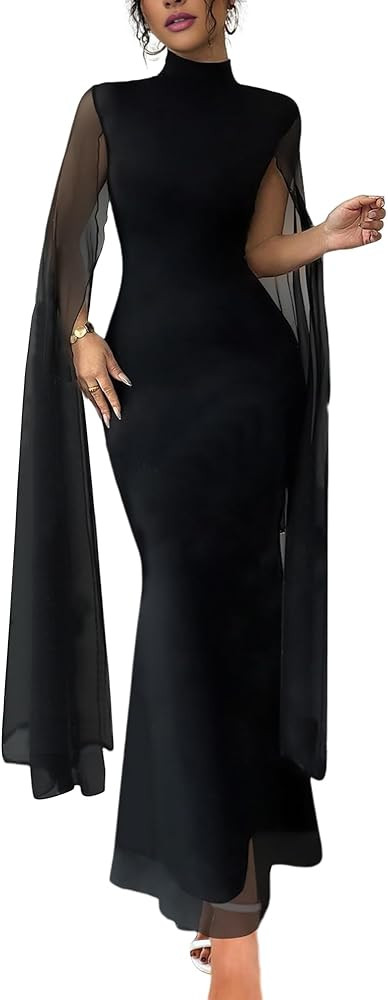 WISFRUIT Women Sexy Elegant Formal Mock Neck Flare Sleeve Mesh Evening Gowns Maxi Dress | Amazon (US)