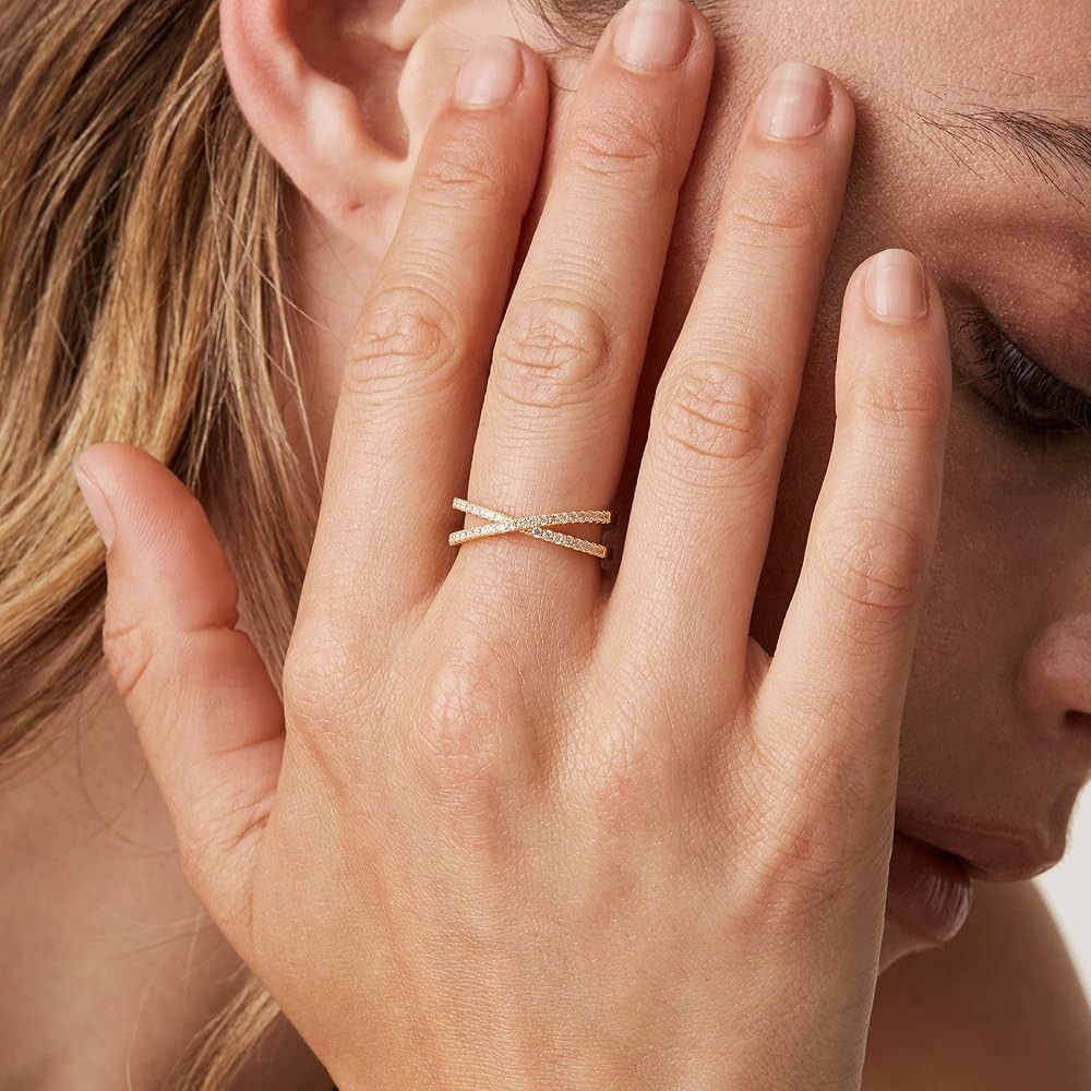 PAVOI 14K Gold Plated X Ring Simulated Diamond CZ Criss Cross Ring for Women | Amazon (US)