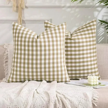Brown Gingham Checkered Throw Pillow Covers 18x18 Set of 2, Neutral Modern Farmhouse Dark Brown Khaki Outdoor Pillows 18 x 18 for Porch Patio Furniture (No Pillow Inserts) | Walmart (US)