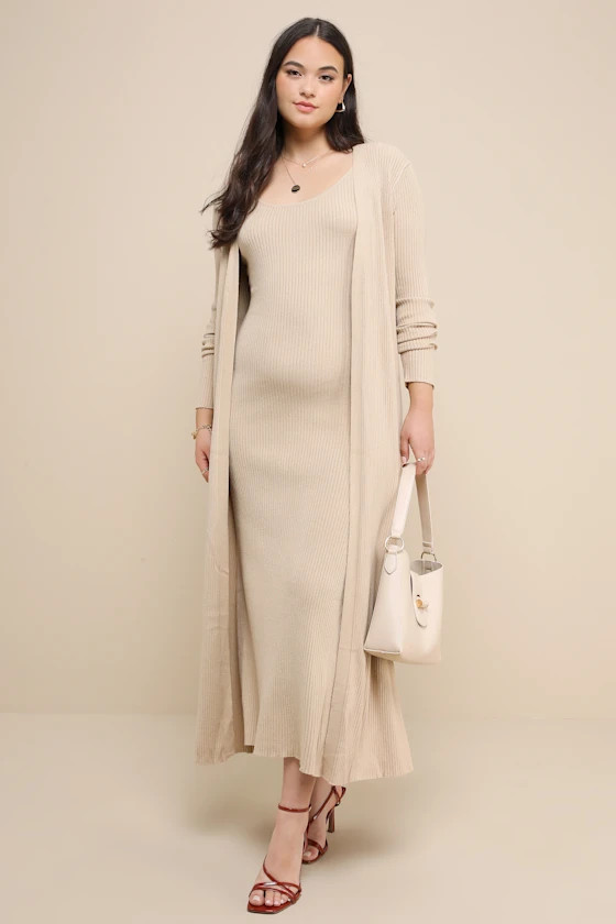 Layer Lover Beige Ribbed Knit Two-Piece Dress & Cardigan Set Fall Maxi Dress Fall Dress Maxi Dresses | Lulus