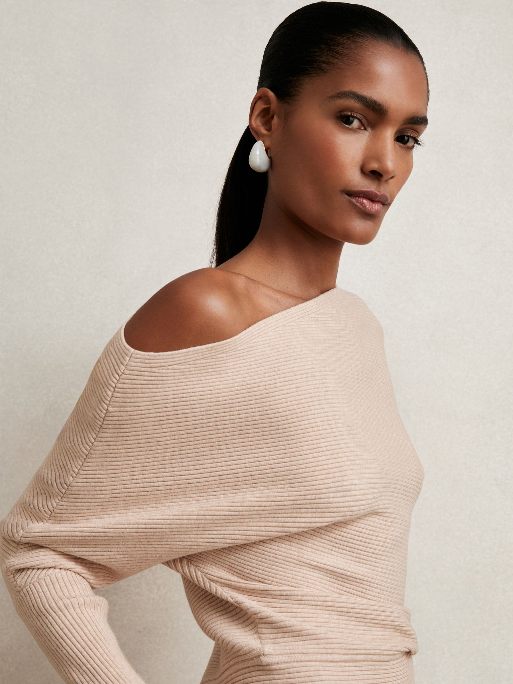 Reiss Asymmetric Drape Knitted Top in Oatmeal Neutral - REISS | Reiss UK