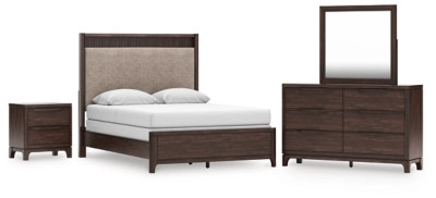 Korestone Queen Upholstered Panel Bed with Mirrored Dresser and Nightstand | Ashley Homestore