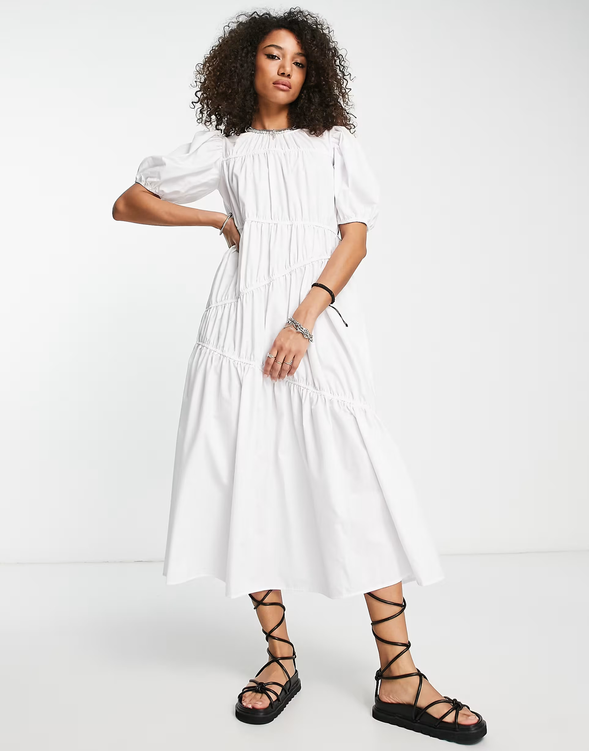 ASOS DESIGN cotton poplin gathered tiered midi dress in white | ASOS (Global)