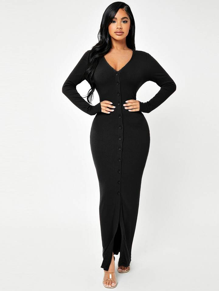 Radiana Button Through Rib Knit Bodycon Dress | SHEIN