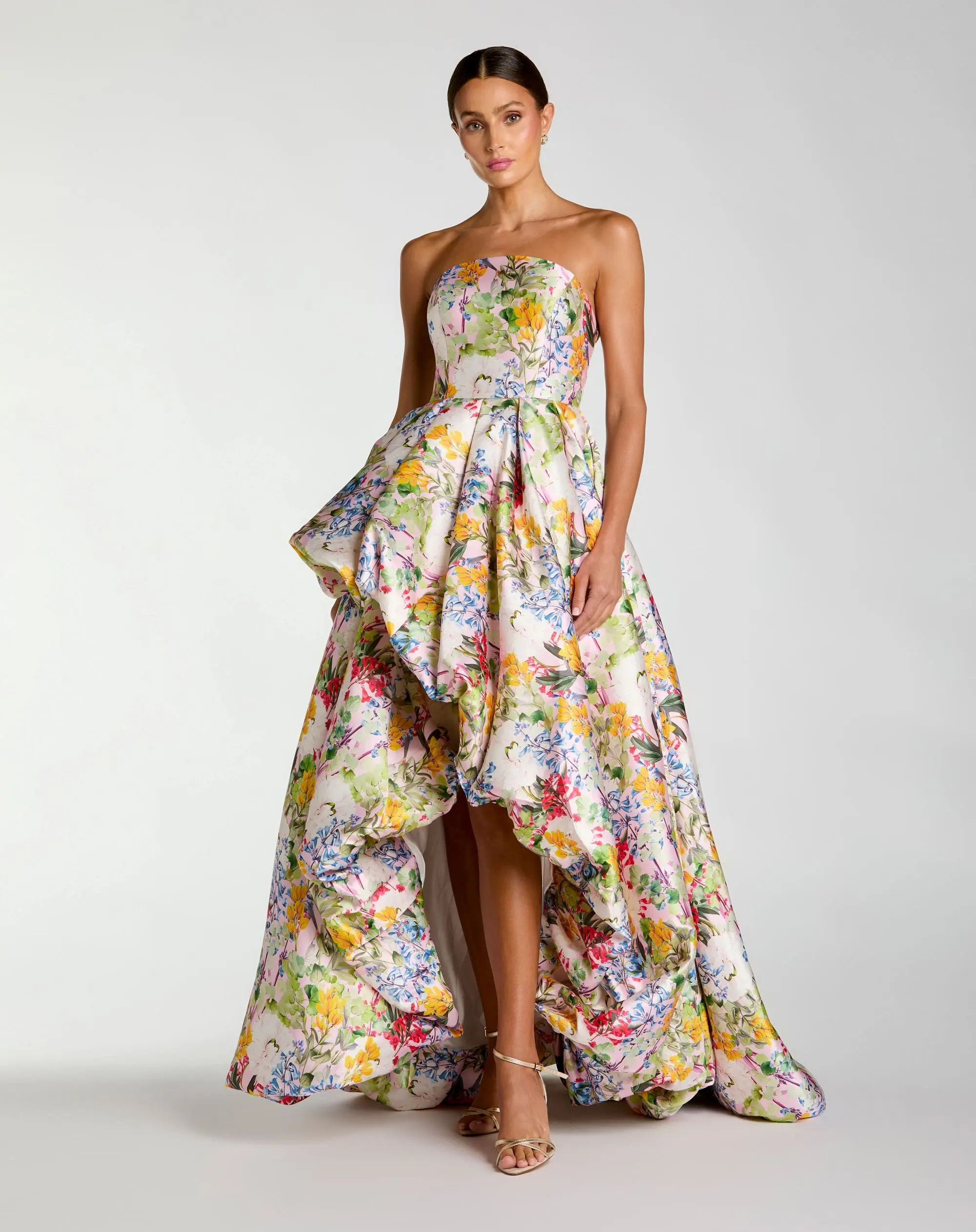 Mac Duggal - Multicolor Strapless Floral High Low Bubble Hem Gown - Pastel Multi / US 10 | Mac Duggal