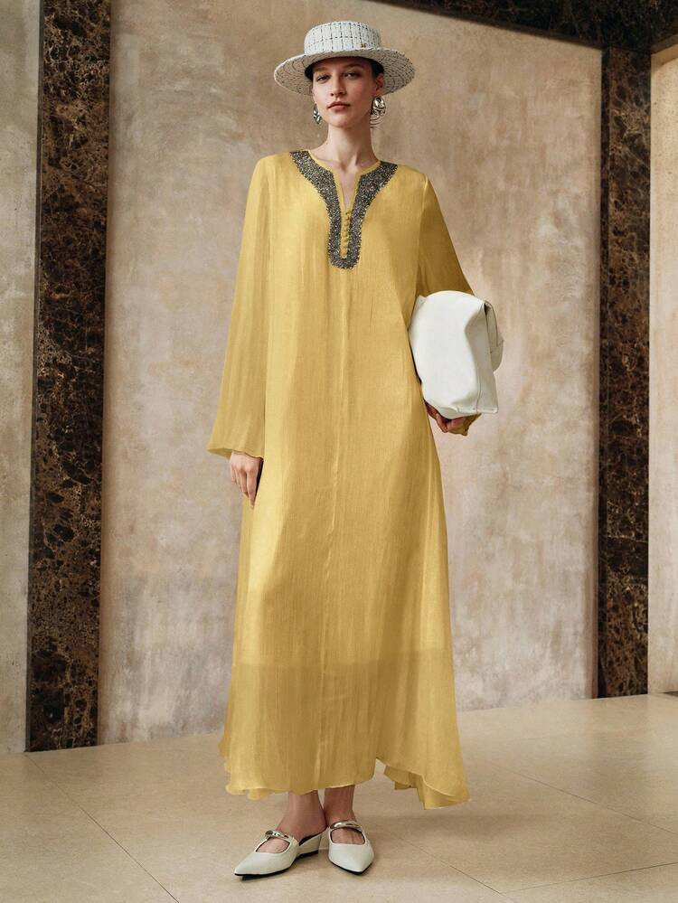 Arave Women's Elegant Handmade Beaded Long Sleeve Solid Color Maxi Dress Cover Up, Commuting Style | SHEIN