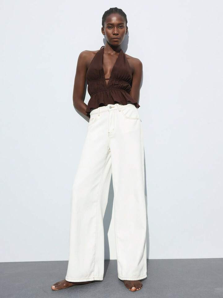 Maija Women's Sexy Solid Color Backless Halter Neck Top, Summer Brown Halter Top Deep V Neck Top ... | SHEIN