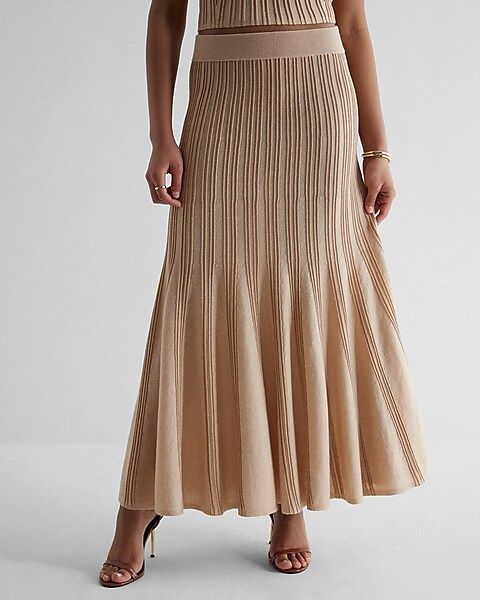 Metallic Ribbed High Waisted Fit and Flare Midi Skirt | Express