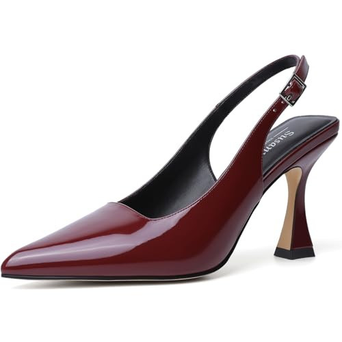 Susanny Burgundy Slingback Kitten Heels Elegant Dressy Pumps for Women Closed Pointy Toe Sexy Chunky High Heels Wedding Bride Prom Party Dress Shoes 9 | Amazon (US)