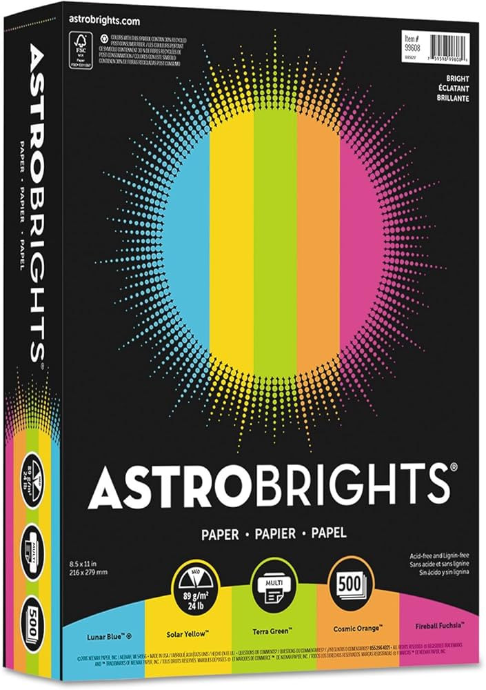 Neenah Astrobrights® Bright Color Paper, Letter Size Paper, 24 lb, Assorted Colors, 500 Sheets | Amazon (US)