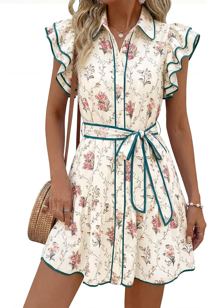 Wenrine Womens Summer Button Down Shirt Dress Casual Collar V Neck Floral Ruffle Sleeve Boho Beac... | Amazon (US)