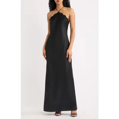 WAYF Lirien Lace Trim Halter Column Gown in Black at Nordstrom, Size X-Large | Nordstrom