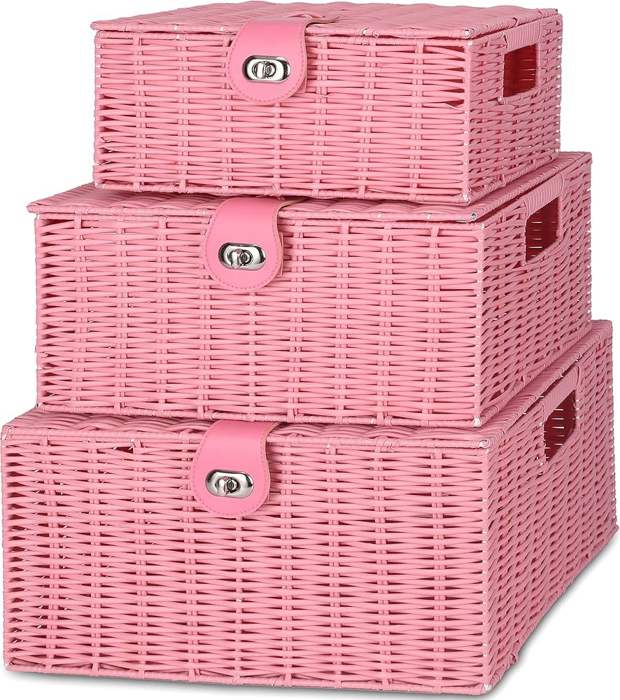 Honygebia Pink Wicker Storage Baskets - Set of 3 Decorative Nesting Boxes with Lids, Woven Basket... | Amazon (US)