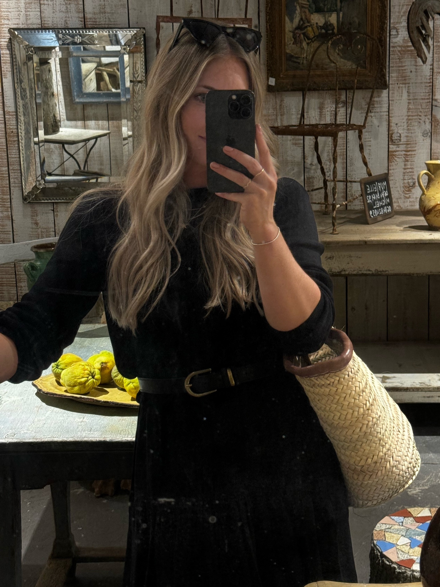 Market day in Provence black linen dress with sweater and belt for skirt look! 