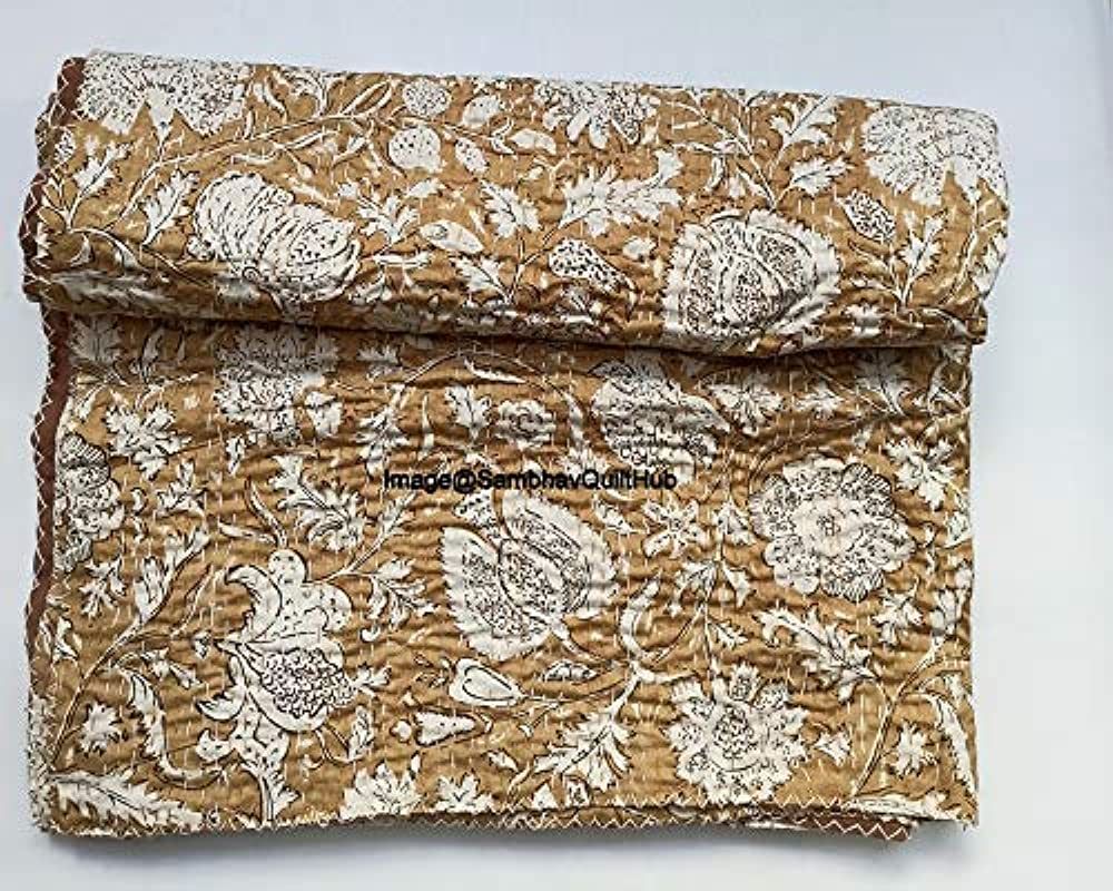 Indian Handblock Kantha Floral Printed Handmade Quilted Blanket Vintage Home Decorative KanthaThr... | Amazon (US)