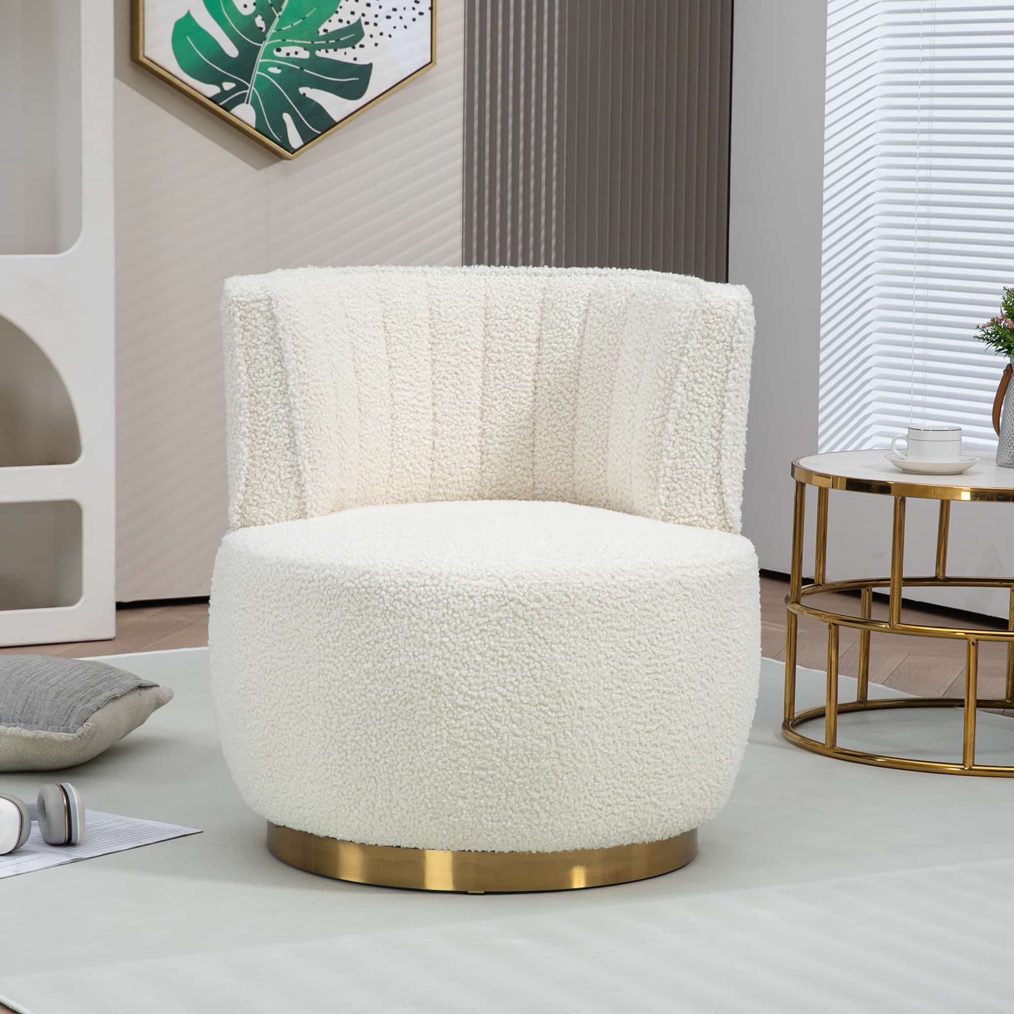 Maison Boucle Cream Sherpa Swivel Barrel Accent Chair with Curved Back and Gold Base for Living Room or Bedroom one_size in White | LS-SWIVEL-CREAM-A7 | Lowe's