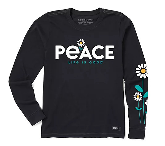 Life is Good Women's Jet Black Peace Daisies LSCrusher Tee - QVC.com | QVC
