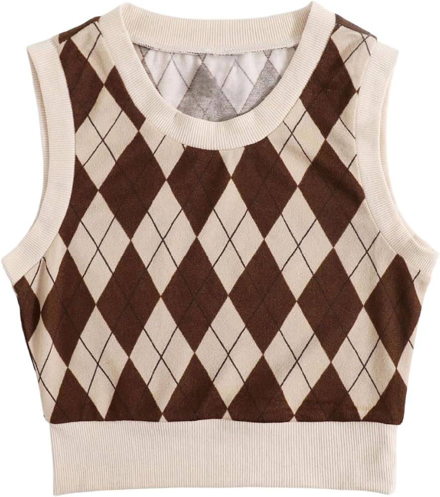 SOLY HUX Women's Sweater Vest Argyle Plaid Sleeveless Crew Neck Preppy Knitted Crop Tank Top | Amazon (US)