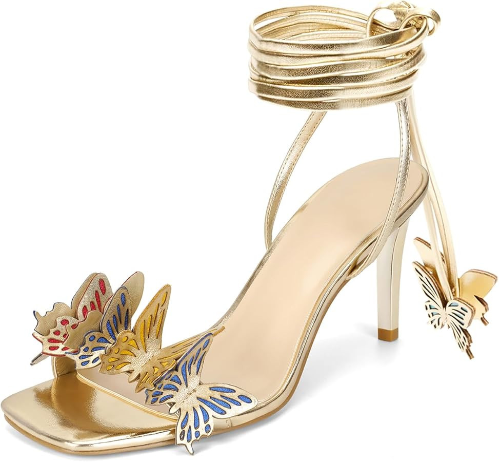 Butterfly Heeled Sandals for Women Sexy High Stiletto Lace Up Strappy Heels Square Open Toe Party... | Amazon (US)