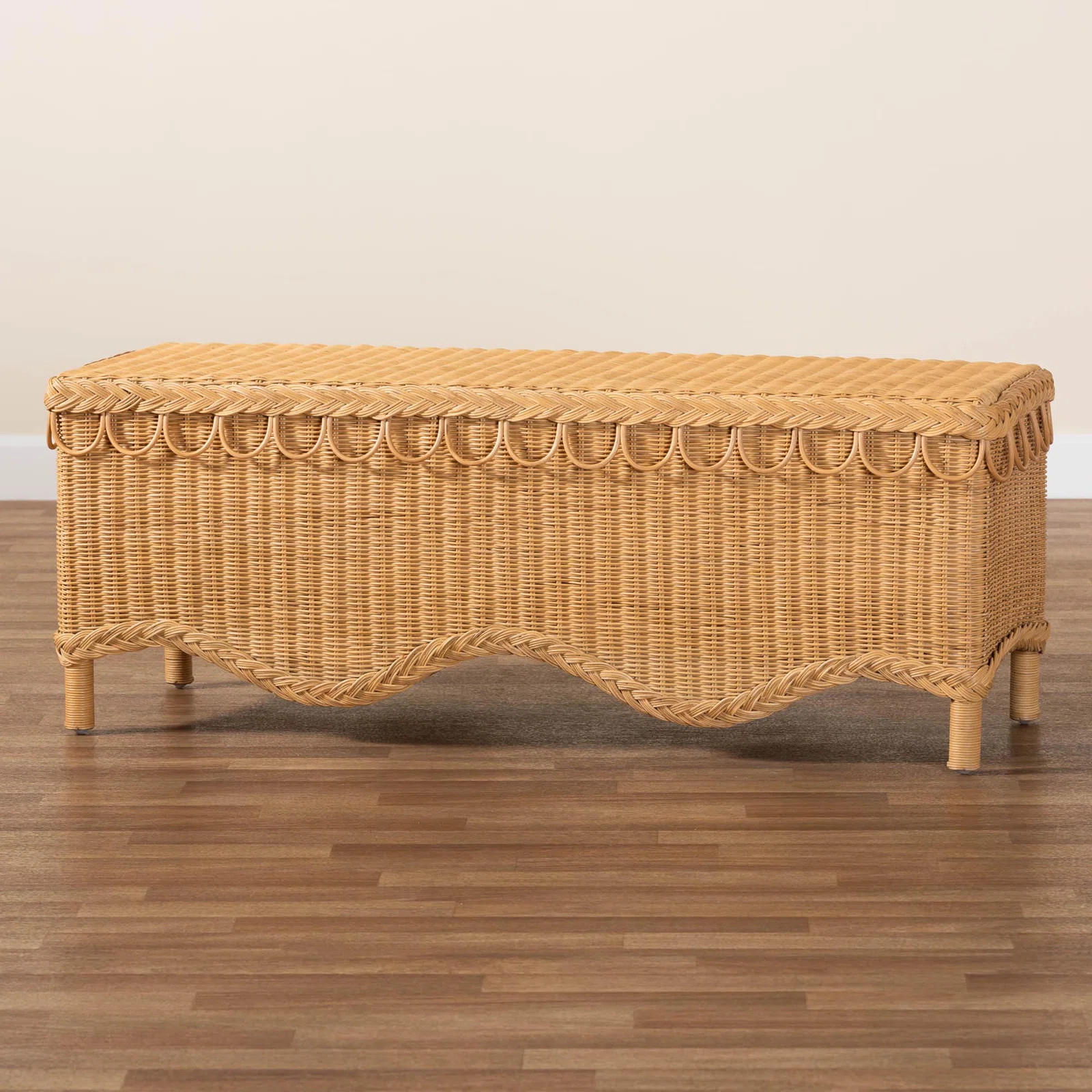Bali & Pari Blacine Bohemian Rattan Accent Bench With Scallop Border | Wayfair North America