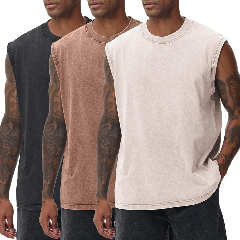 Mens Workout Tank Tops Sleeveless Tee Shirts Men Muscle Shirt Gym Acid Wash T Shirts Running Beac... | Amazon (US)
