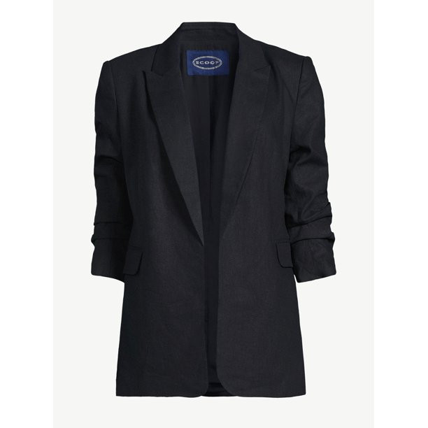 Scoop Women's Linen-Blend Open Front Blazer with Tie Back and 3/4 Scrunch Sleeves | Walmart (US)