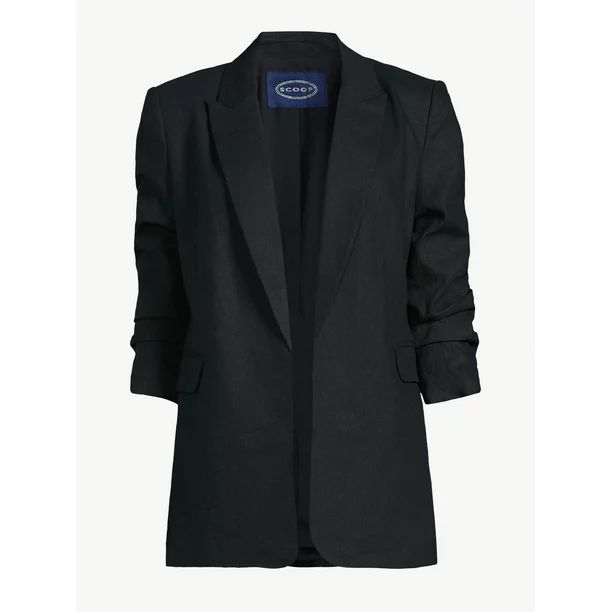 Scoop Women's Linen-Blend Open Front Blazer with 3/4 Scrunch Sleeves | Walmart (US)
