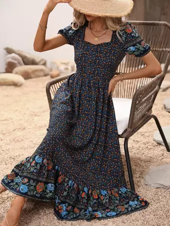 SHEIN VCAY Ditsy Floral Print Sweetheart Neck Ruffle Hem Dress | SHEIN