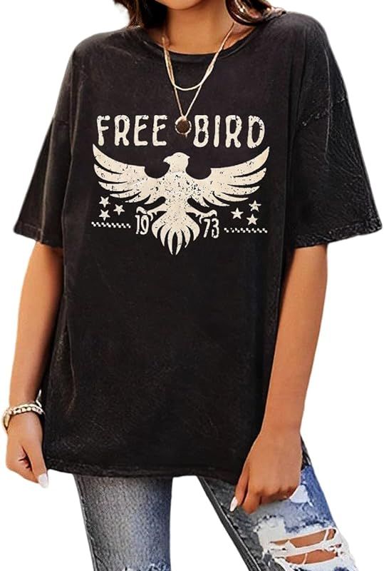 Vintage Rock Band Tshirts Women Retro Free Bird Western Graphic Tees Country Music Shirts Casual ... | Amazon (US)