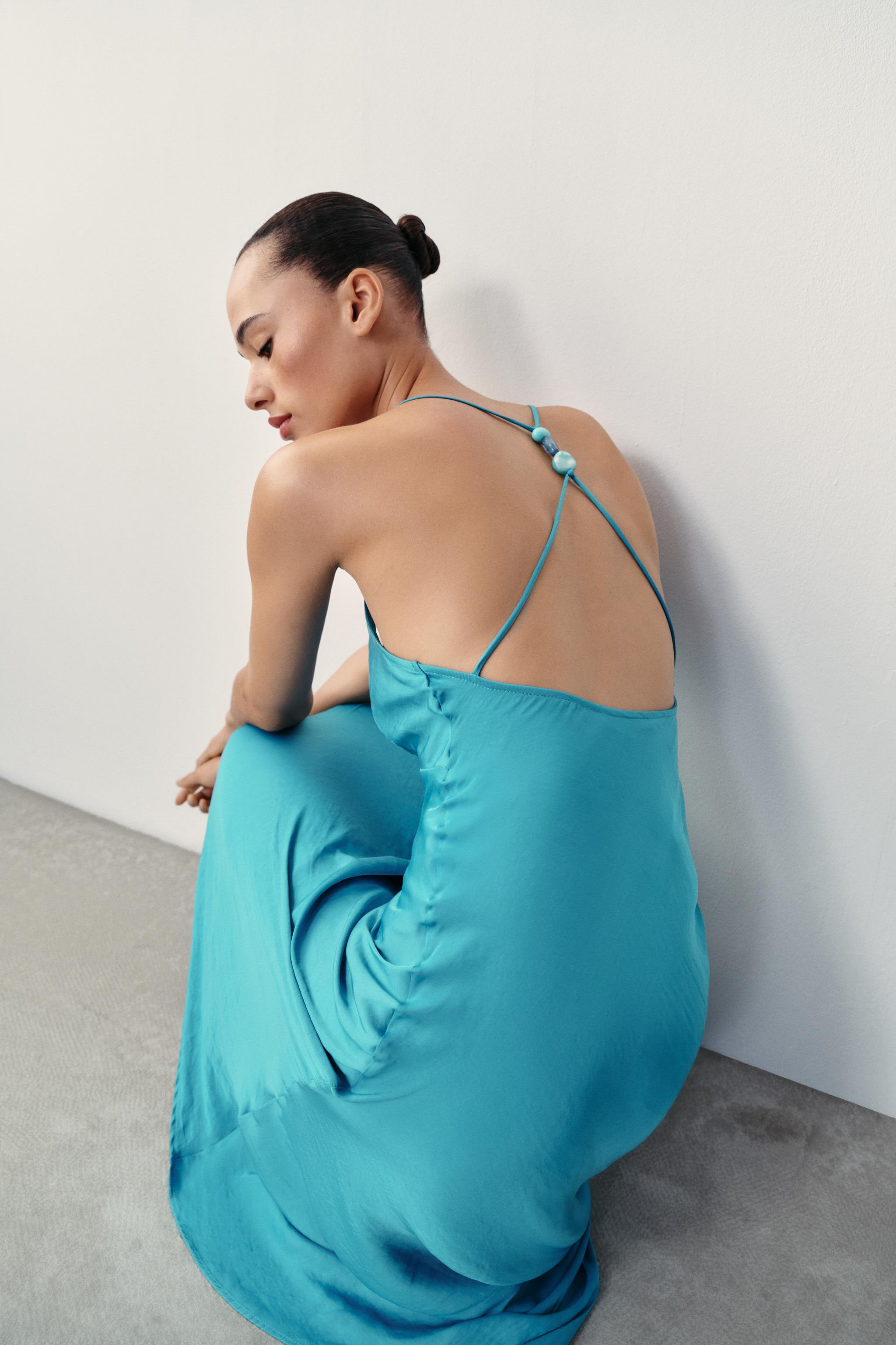 Model height: 179 cmLong V-neck dress with thin beaded straps. Satin fabric. | Zara UK