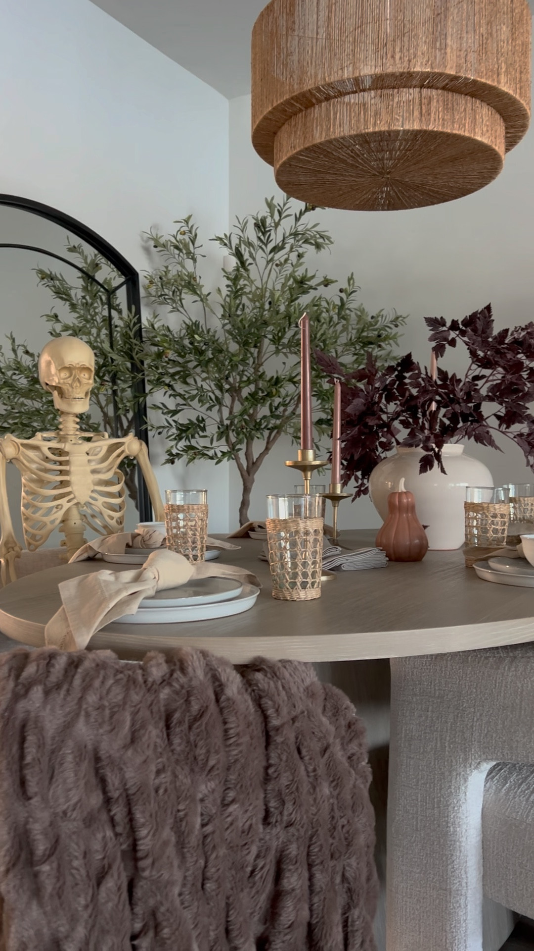 Fall tablescape, fall decor, Halloween decor, skeleton, dining room, cozy home, pumpkins, home decor, fall decorating, brown ruched faux fur throw blanket, fall stems


#walmart #target #afloral 

#LTKHalloween #LTKSeasonal #LTKHome