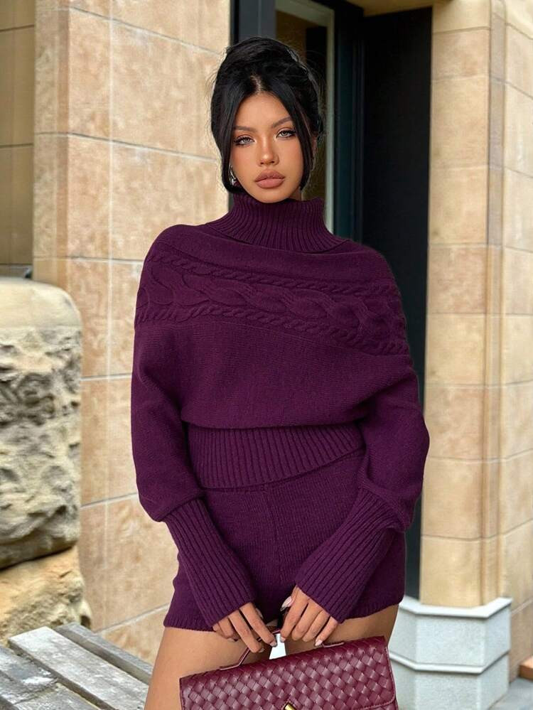 Aloruh Women's Loose Fit Purple Turtleneck Sweater And Knit Shorts Set In Fall/Winter | SHEIN