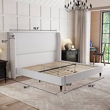 Queen Platform Bed Frame 51.2" High Headboard Tall Upholstered Bed/No Box Spring Required/Wood Sl... | Amazon (US)