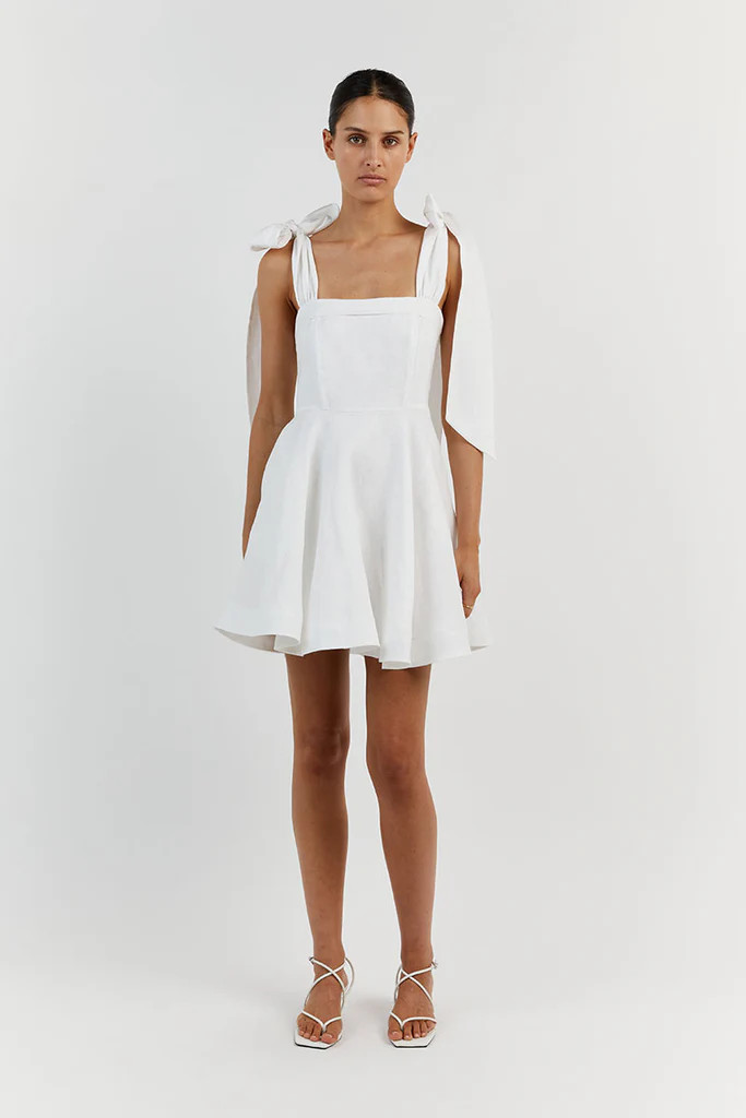 AISLE WHITE LINEN BOW MINI DRESS | DISSH