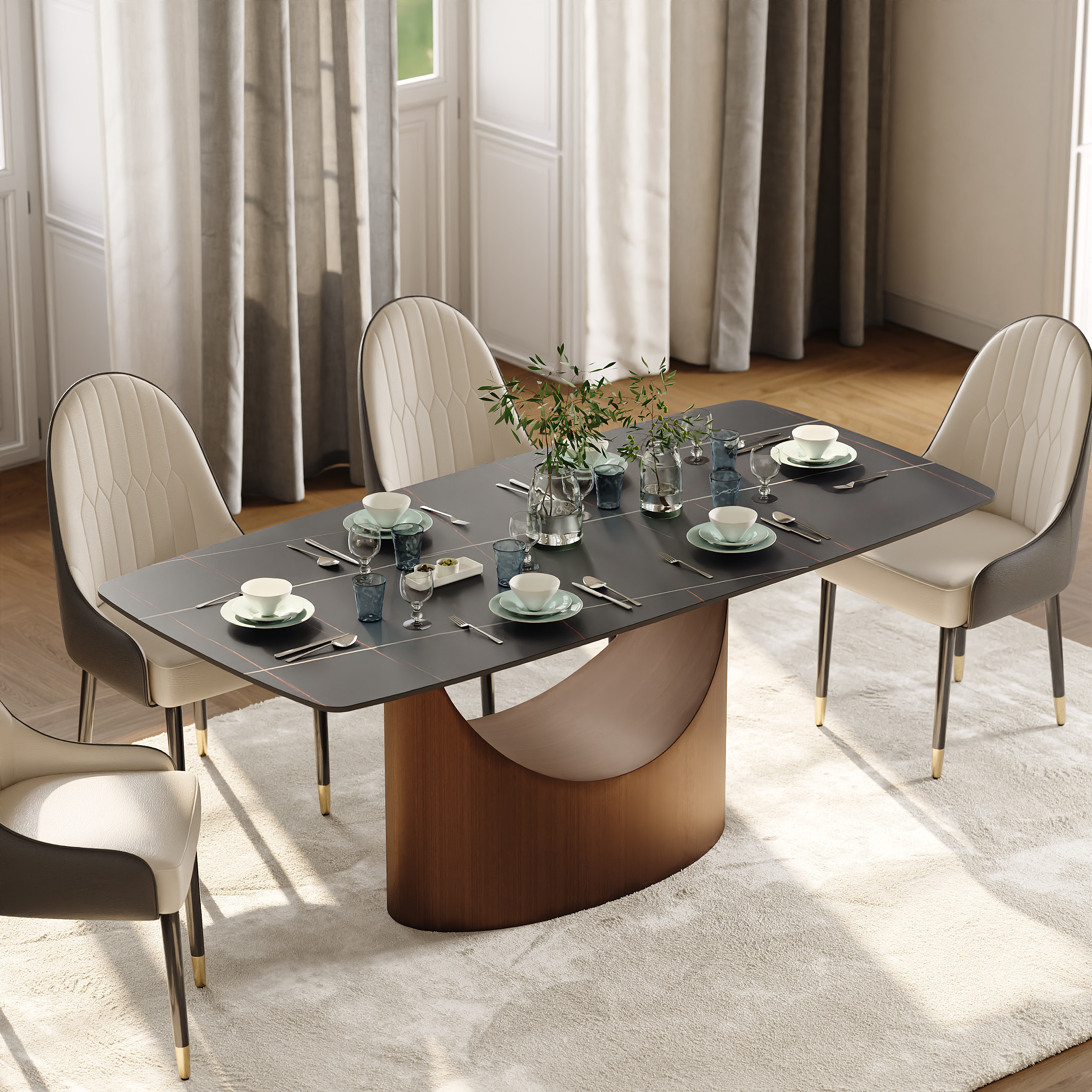 63" Rectangle Black Dining Table for 4 Person Sintered Stone Top Antique Brass Pedestal | Homary