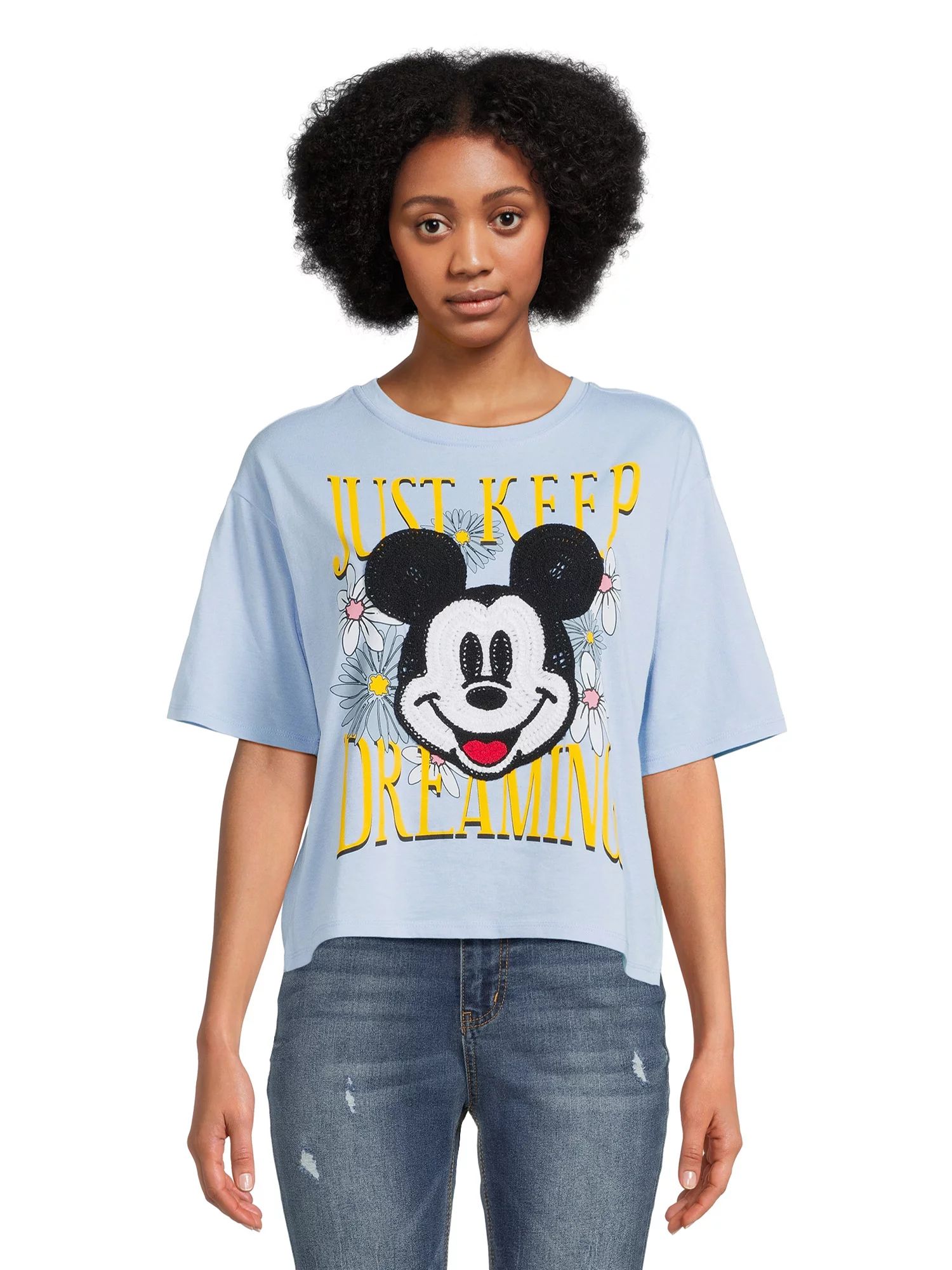 Mickey Mouse Juniors Crochet Graphic Tee with Short Sleeves, Sizes XS-3XL | Walmart (US)