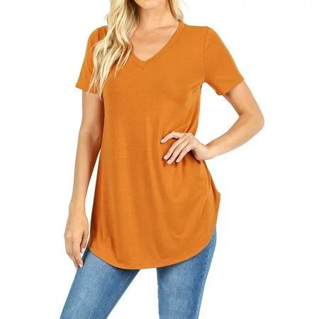 Women Short Sleeve V Neck Round Hem Relaxed Fit Casual Tee Shirt Top (DESERT MUSTARD, Medium) | Walmart (US)