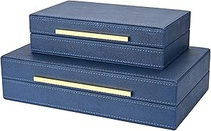 Navy Blue Shagreen box Set of 2 Faux Leather Decorative Boxes,Large Nesting Storage Decorative Bo... | Amazon (US)