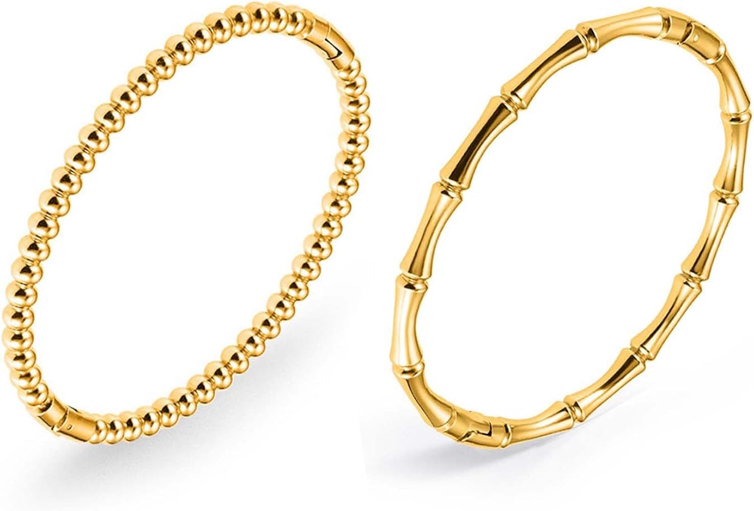 Gold Plated Bracelets Set for Women 14K Gold Plated Bangle Bamboo Bracelet Gold Bead Bangle Jewel... | Amazon (US)