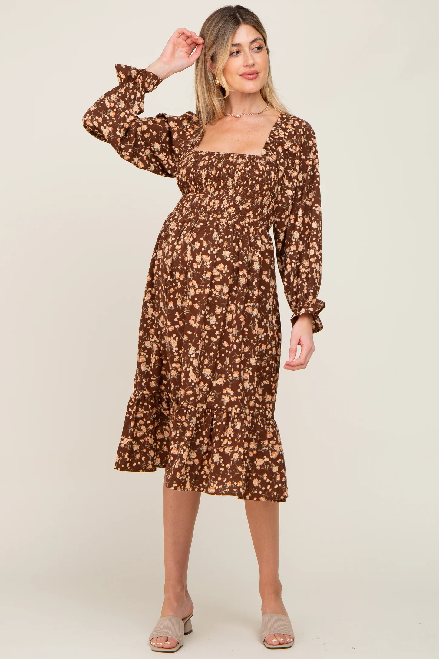 Brown Floral Smocked Long Sleeve Maternity Midi Dress | PinkBlush Maternity