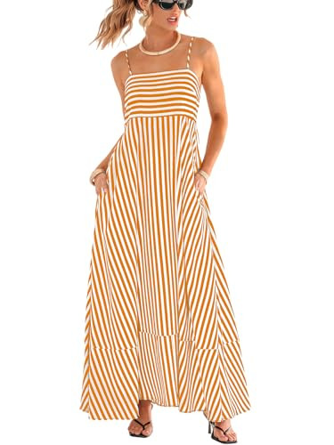 CUPSHE Women Square Neck Cami Maxi Dress with Pockets Curcuma Striped, L | Amazon (US)